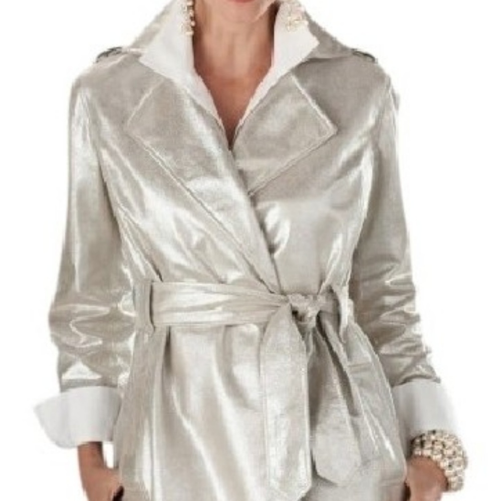 CHICOS LEATHER NEW YEARS SILVER Shimmering  Trench Coat